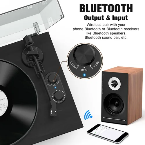 Vista 3 de Udreamer Tocadiscos de vinilo, giradiscos con altavoces de 40W, entrada y salida Bluetooth y grabación USB, tocadiscos LP vintage con cartucho