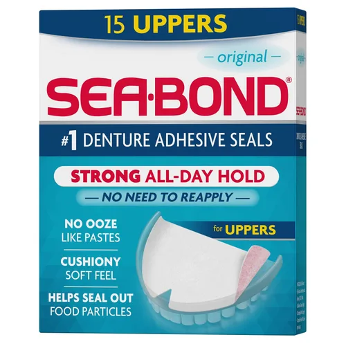 Vista 6 de Sellos Adhesivos Seguros para Dentaduras Sea Bond, Inferiores Originales, Sin Zinc, Sujeción Todo el Día, Sin Desorden, 15 Unidades (Paquete de 1)