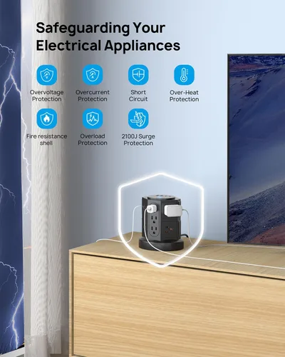 Vista 4 de TROND Tira de alimentación con protector de sobretensiones de torre y USB, 14 tomas ampliamente espaciadas, 2 USB C y 2 USB-A, protección contra