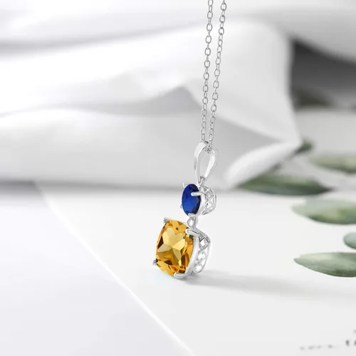 Vista 4 de Gem Stone King Collar con colgante de plata de ley 925 con citrino amarillo y zafiro azul para mujer