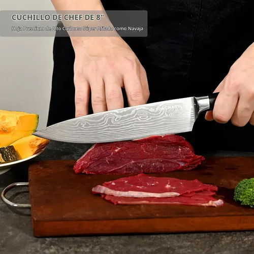 Vista 5 de Juego de cuchillos de chef de cocina profesional, Razor Sharp de acero alemán de alto carbono, 3 piezas, mango ergonómico de madera de Pakkawood