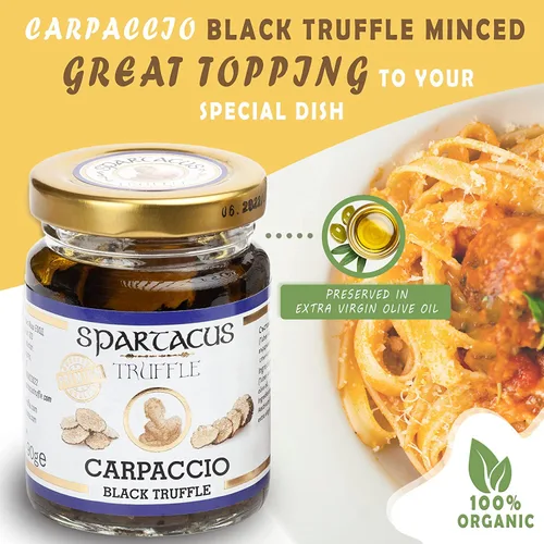 Vista 3 de Spartacus Carpaccio de trufa negra en aceite de oliva extra virgen Rebanadas de melanosporum de tubérculo real Condimento gourmet para pasta
