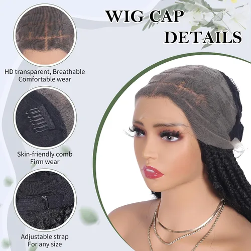 Vista 7 de Alebery Pelucas Trenzadas de Caja Bohemias Sin Nudos de Encaje Frontal HD 13X8 para Mujeres Negras Pelucas de Trenzas de Caja Bohemias con Rizos