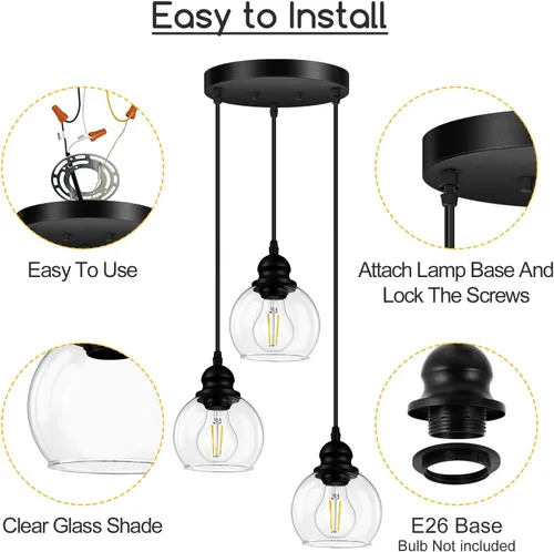 Vista 9 de Lámpara colgante de 3 luces, lámpara de techo colgante con pantalla de vidrio transparente, color negro mate, iluminación colgante de altura