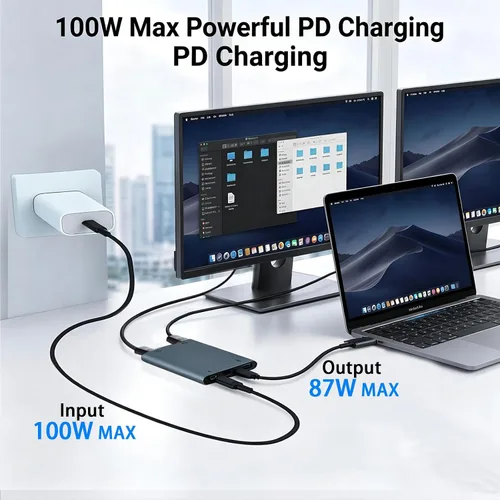 Vista 6 de Adaptador USB C a HDTV dual, adaptador multipuerto USB C de 4K a 60 Hz con 2 HDMI, USB 3.0, 100 W PD, macOS solo permite modo espejo, Windows