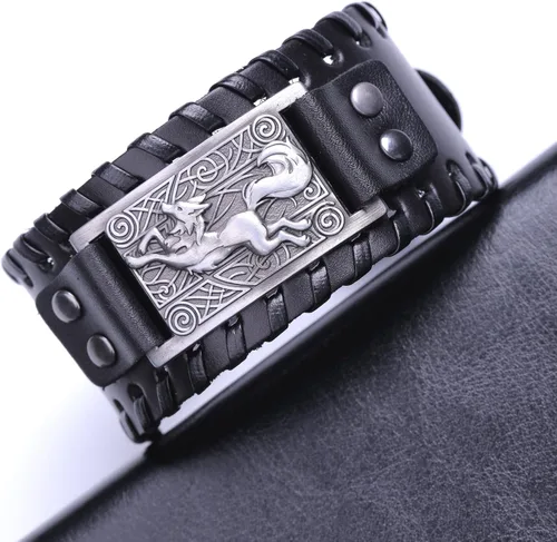 Vista 3 de Viking Fox Celtic Knot Irish Cuff Pulseras anchas de cuero punk joyería ajustable (negro y plata antigua), Cuero