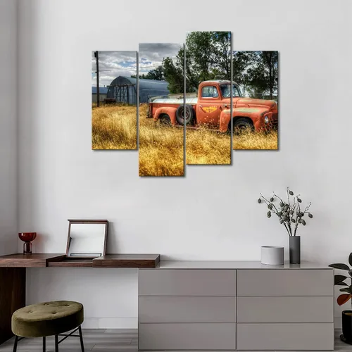 Vista 3 de Arte de pared de camión viejo en rojo y árboles y hierbas secas en campo, decoración de pared, cuadros impresos en lienzo, la imagen para decoración
