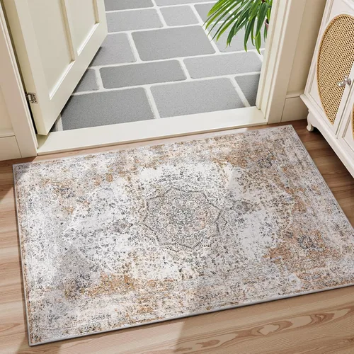 Vista 42 de jinchan Alfombra floral primaveral de 2 x 3 pies para entrada, alfombra desgastada lavable, de pelo corto, suave, pequeña, antideslizante, tapete