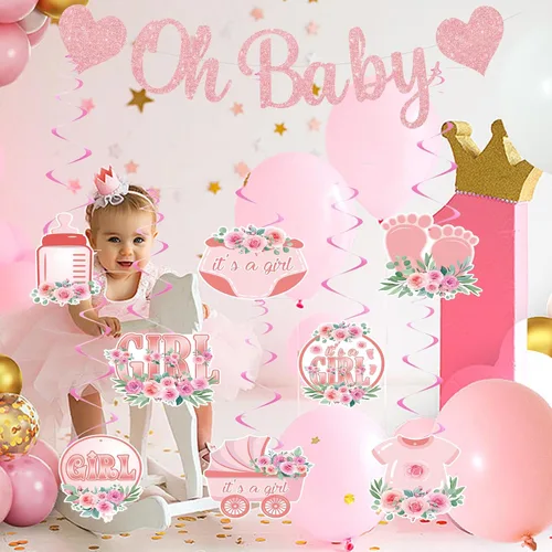 Vista 4 de Oh Baby - Cartel de revelación de género rosa con espirales Decoraciones de baby shower para fiesta de niña