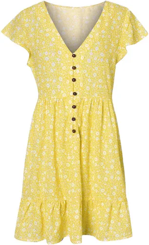 Vista 3 de NaRHbrg Vestidos casuales de verano para mujer, con mangas de pétalos, lindo vestido tipo túnica plisado, con vuelo, babydoll para jóvenes