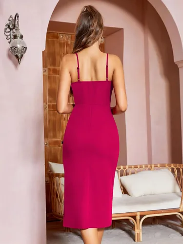 Vista 5 de Missufe Vestido de cóctel para mujer, con cuello en V, sin mangas, fruncido, entallado, con abertura, para verano, fiesta, cóctel