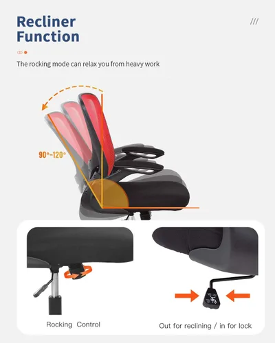 Vista 4 de Silla ergonómica de malla para oficina, con respaldo lumbar, giratoria, con ruedas, ejecutiva, con brazos y respaldo medio ajustable, para Rojo