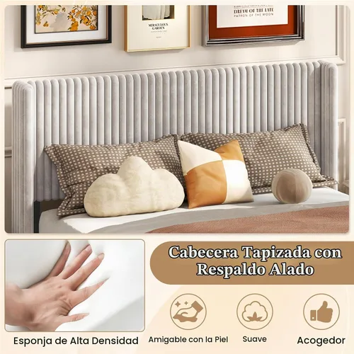 Vista 5 de Giantex Base de cama de terciopelo tamaño Queen, plataforma tapizada con cabecera vertical copetuda, base de colchón de soporte de listones