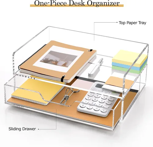 Vista 3 de SANRUI Organizador de escritorio de acrílico con cajón deslizante, organizadores de escritorio de 2 niveles y accesorios para organización