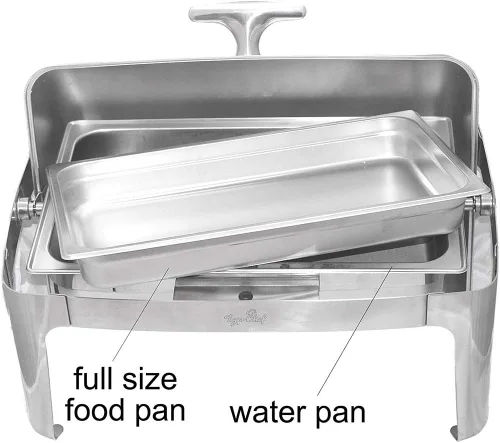 Vista 4 de TigerChef - Juego de platos de bufé de acero inoxidable con tapa enrollable, juego de calentador de bufé con 2 pinzas de gel combustible y plástico