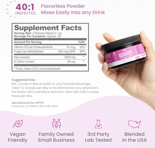 Vista 6 de Suplemento de inositol premium – Myo-inositol y D-Chiro Inositol en polvo más folato y vitamina D – Proporción ideal 40:1 – Equilibrio hormonal