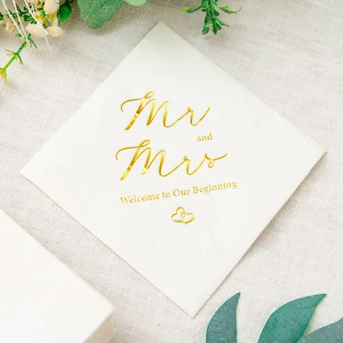 Vista 6 de Crisky Servilletas de 3 capas de papel de aluminio dorado Mr and Mrs de cóctel de boda, 100 unidades para bodas, fiestas, recepciones, postres
