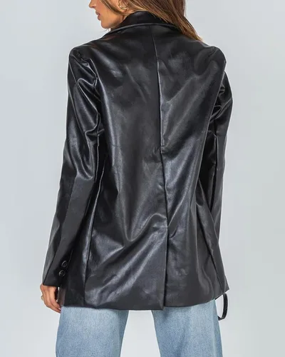 Vista 3 de Pepochic Womens Oversized Leather Jacket Long Sleeve Faux Leather Blazer Lapel Button Down Leather Shacket Coat with Pockets