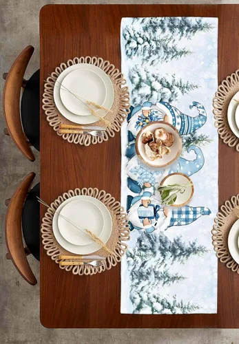 Vista 3 de Camino de mesa azul de Navidad de 36 pulgadas, corto, de lino de algodón, cocina, comedor, mesa de café, decoración de tocador, camino de mesa
