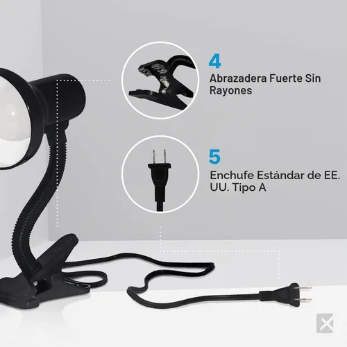 Vista 2 de Xtricity Lámpara LED de escritorio con clip con cuello de cisne flexible de 360°, luz de lectura para cabecera de cama, bombilla A19 de 6 W Base