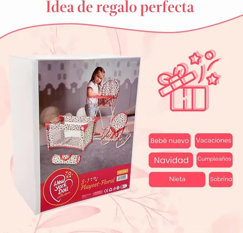 Vista 6 de Conjunto de accesorios para muñeca bebé floral, cuna para muñeca de 3-1, silla alta y asiento rebotador para muñeca. Accesorios para muñeca de 18