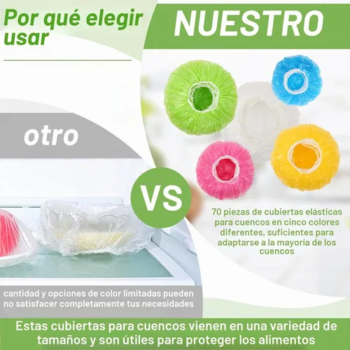 Vista 2 de 70 piezas de tapas para cuencos, 5 tamaños de cubiertas de plástico para alimentos con elástico, tapas de colores para cuencos reutilizables