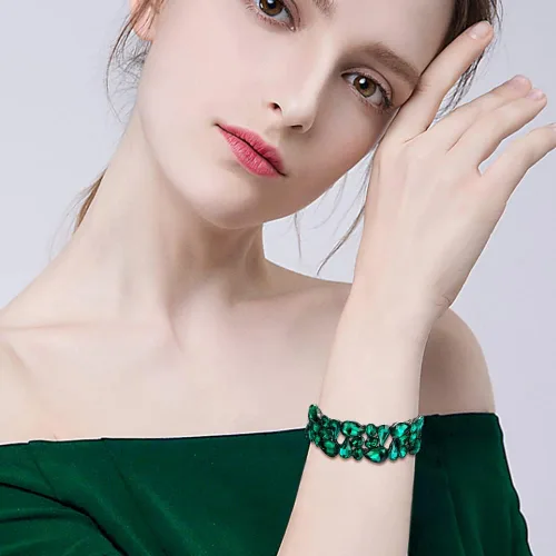 Vista 2 de EVER FAITH Pulsera elástica de cristal con forma de lágrima ovalada para mujer, estilo Art Déco, para novia