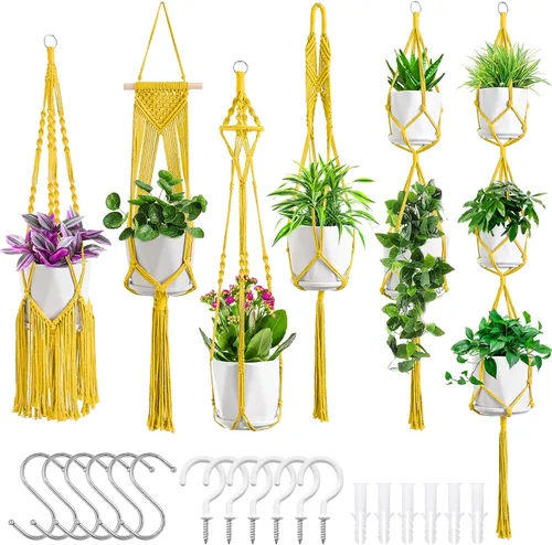 Vista 8 de SFENNGPET - Paquete de 6 perchas de macramé para plantas, juego de 6 perchas colgantes para plantas de interior con kit de 6 perchas hechas a mano