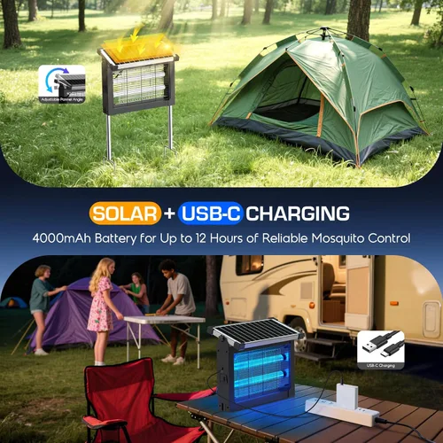 Vista 2 de Exterminador solar de insectos para exteriores, impermeable, 4500 V de alta potencia inalámbrico con sensor de luz inteligente, mata insectos solar