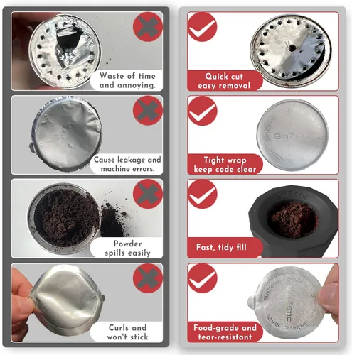 Vista 5 de BinZetic® Kit de recarga de cápsulas Vertuoline reutilizable, diseño de papel de aluminio fácil de cortar en la parte inferior y 100 tapas