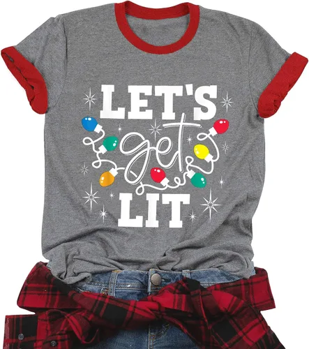 Vista 15 de Camisetas navideñas para mujer Let's Get Lit, camisa con lindo diseño gráfico de luces, manga corta, tops y camisetas de Navidad Gris-Carbón