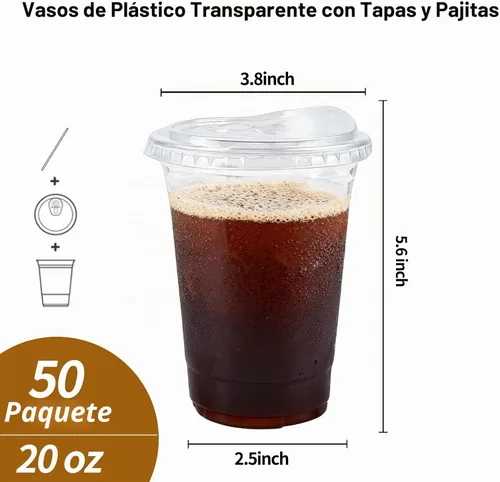 Vista 2 de Vasos de plástico desechables transparentes de 20 onzas con popotes y tapas para sorber, paquete de 50 vasos de plástico transparente, vasos