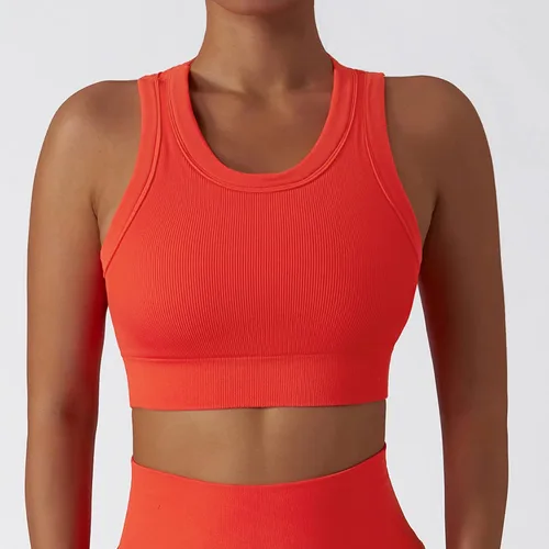 Vista 11 de Conjuntos de entrenamiento para mujer, 2 piezas, sin costuras, acanalada, sin mangas, brasier deportivo, cintura alta, pantalones cortos
