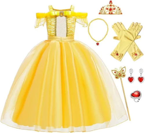 Vista 56 de FMYFWY Disfraz de princesa de Bella para niñas, disfraz de belleza y bestia, Halloween, Navidad, boda, cumpleaños (accesorios)