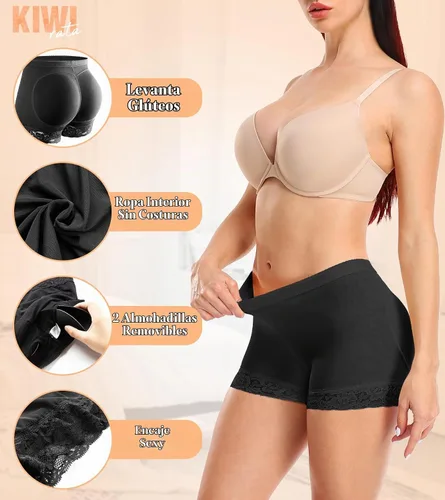 Vista 5 de KIWI RATA Bragas de encaje acolchadas para mujer, levanta glúteos, ropa interior con refuerzo Negro