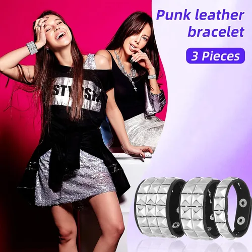 Vista 5 de Juego de 3 pulseras de cuero punk rock con tachuelas para hombres y mujeres, juego de pulseras góticas con púas para los años 80 y 90, joyería emo