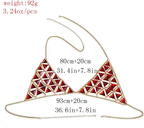 Vista 6 de Jeweky - Brasier con diseño de triángulo rojo y piedras preciosas bohemias, joyería para el cuerpo de bikini de playa para mujeres y niñas