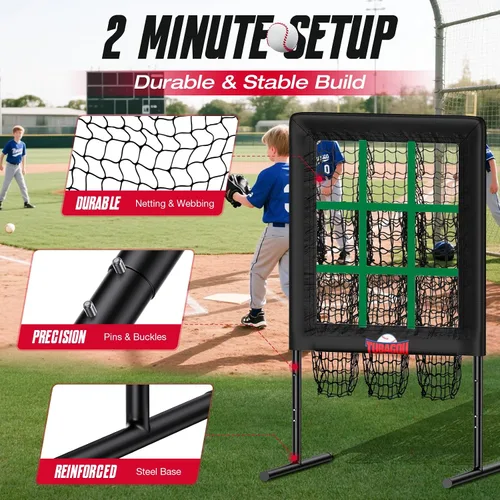 Vista 4 de Red de lanzamiento de béisbol de 9 agujeros con bolsillos para lanzar objetivo Baseball and Softball Pitching Net, Protable and Adjustable Pitcher