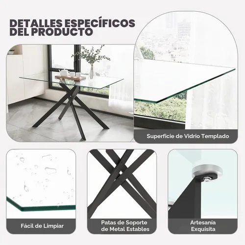 Vista 7 de Juego de mesa de comedor de vidrio de 51 pulgadas para 4 personas con tapa de vidrio templado, color negro Patas de metal negro, sillas de cuero