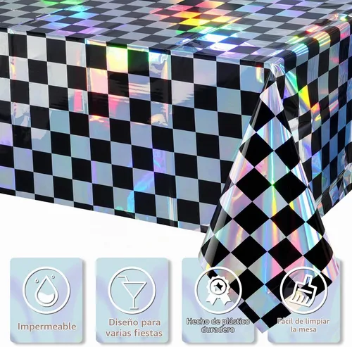Vista 3 de Paquete de 1 mantel de plástico a cuadros negros e iridiscentes, manteles rectangulares desechables con láser, mantel de papel de aluminio Negro e