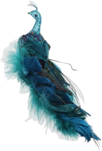 Vista 9 de Pájaros artificiales de pavo real con clip, decoraciones de árbol de Navidad de cola larga con plumas naturales, pájaros de espuma azul para Azul B