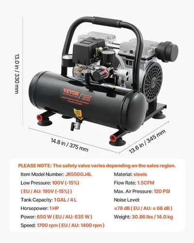 Vista 7 de VEVOR Compresor de aire, tanque de acero de 1 galón, compresor de aire libre de aceite de 1 HP 1.5 CFM a 90 PSI y presión máxima de 120 PSI