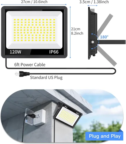Vista 6 de Luz de inundación LED de 120 W para exteriores con enchufe, luces de seguridad superbrillantes de 14400 lm con cable, luz de trabajo LED impermeable