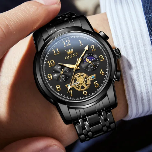 Vista 4 de OUPINKE Reloj para hombre analógico de cuarzo de acero inoxidable, impermeable, luminoso, fase lunar, cronógrafo, vestido de negocios de lujo