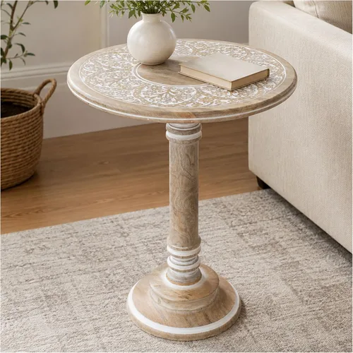 Vista 10 de Mesa auxiliar de madera de mango tallada a mano – 18x22 rústica