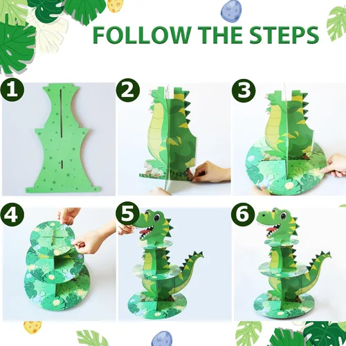 Vista 4 de Soporte de 3 niveles para cupcakes de dinosaurio, decoración de fiesta, soporte para cupcakes de dinosaurio de Anberky con forma de dinosaurio