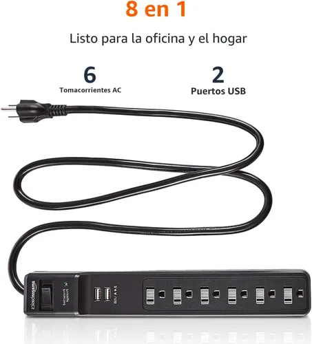 Vista 2 de Amazon Basics Regleta de protección contra sobretensiones con 6 tomas, 2 puertos USB, 1000 julios, cable de 6 pies de longitud, color negro