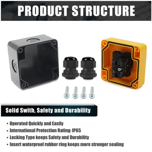 Vista 5 de Interruptor de botón de parada de emergencia, 1NC 10A 660V con caja impermeable IP65, 2 conectores negros PG13.5 (1)