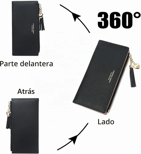 Vista 6 de Cartera delgada para mujer, cuero negro, ligera, diseño minimalista, 12 ranuras para tarjetas de crédito, ventana de identificación, 3 #04-Negro