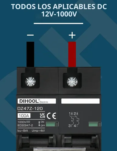 Vista 2 de DIHOOL Disyuntor DC Interruptor de desconexión solar de 100 amperios 2p 1000V para PV, UPS, batería de RV, montaje en carril DIN..